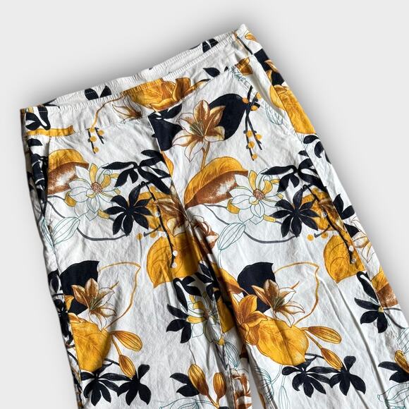 CHICO'S FLORAL LINEN BLEND PULL-ON PANTS WHITE GOLD BLACK BLUE SIZE 1R US 8R - Picture 6 of 9
